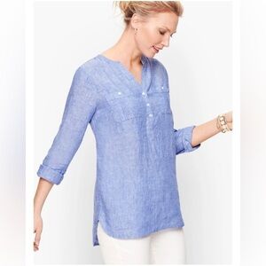 Talbots Linen PINTUCK POPOVER Blue Cross Dyed Top Size XS